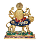 Back view brass Durga Maa statue on lion, gold figure with blue and red accents