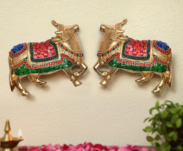 Brass Kamdhenu Cow Pair Wall Hanging (Height: 7.5 Inch)
