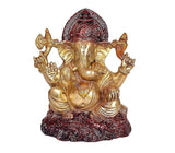 Brass Ganesha idol statue, raised arms, maroon halo, ornate base, 6 in height
