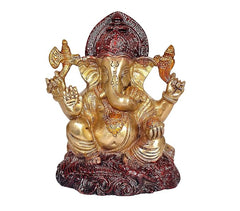 Brass Ganesha idol statue, raised arms, maroon halo, ornate base, 6 in height
