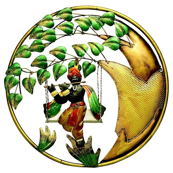 Iron Krishna on Swing Wall Hanging with LED Light (Height: 25 Inches)