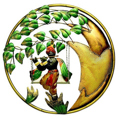 Circular iron Krishna wall hanging with swing motif and LED lights
