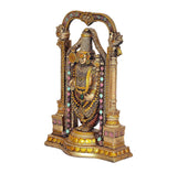Tirupati Balaji idol side view, crown and layered bead necklaces on gold base