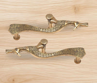 Brass peacock door handles pair, gold finish with scale texture and round base mounts