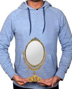 AONA oval tabletop mirror on base, gold frame with blue jewels and hanging chains