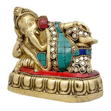 Brass resting Ganesha idol, side view, blue turquoise, red and white inlay, 4 in