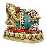 Brass resting Ganesha idol, side view, blue turquoise, red and white inlay, 4 in