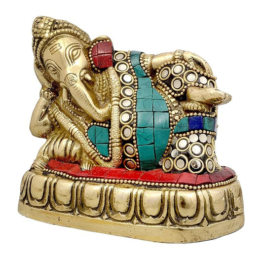 Brass Lord Ganesha Idol Ganesha Resting Ganesha Inlay Work Height 4 Inch