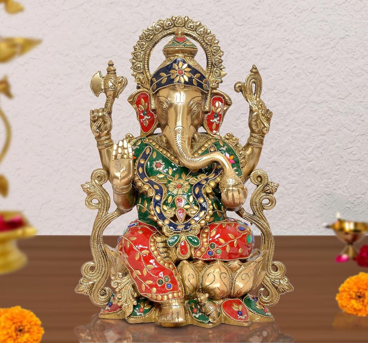 Brass Ganesha idol seated, colorful jeweled clothing, ornate halo—13 inch