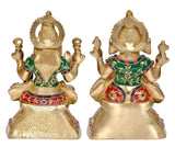 Rückansicht Messing-Laxmi-Ganesh-Statue, goldfarbene Figuren mit farbigem Musterdekor