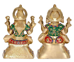 Rückansicht Messing-Laxmi-Ganesh-Statue, goldfarbene Figuren mit farbigem Musterdekor