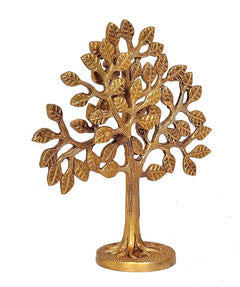 Brass tree ornament statue with textured leaves, central trunk, circular pedestal