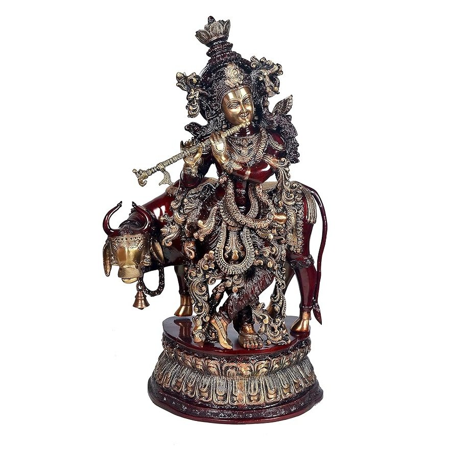 Brass Shri Krishna with Cow (Height 30 Inches)