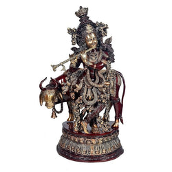 Pure Brass Made Shri Krishna with Cow Puja Idol/Decorative Krishna with Cow Brass Idol for Good Luck, Success and Prosperity Height 30 Inch