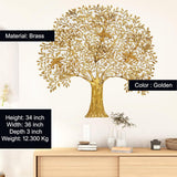 Brass Kalpavriksha tree wall hanging in golden finish, wide canopy and curved trunk