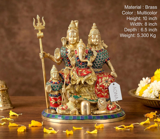 Brass Shiv Parivar with Kartikeya and Ganesha Idol (Height: 10 Inches)