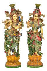 Radha-Krishna resin idols, front view pair in colorful green and red embellished dresses