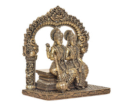 Brass Vishnu and Lakshmi statue, seated pose with carved pillars and base