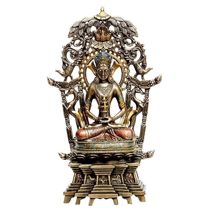 Polyresin Buddha idol, seated with ornate halo and raised hands, bronze-gold finish