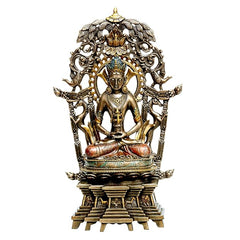 Polyresin Buddha idol, seated with ornate halo and raised hands, bronze-gold finish