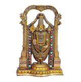 Tirupati Balaji idol, arched golden backdrop with colorful bead garlands and medallions