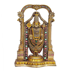 Tirupati Balaji idol, arched golden backdrop with colorful bead garlands and medallions