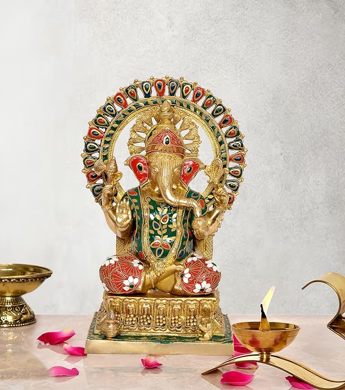 Brass Ganesha idol, multicolor jeweled halo, seated with red cloth, 14 in