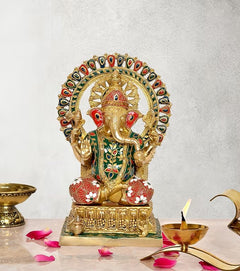 Brass Ganesha idol, multicolor jeweled halo, seated with red cloth, 14 in