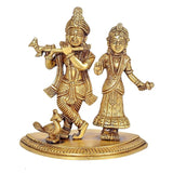 Brass Radha-Krishna statue idol with detailed costumes, two figures standing on base