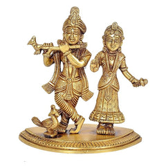 Brass Radha-Krishna statue idol with detailed costumes, two figures standing on base