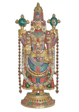 Ornate brass Tirupati Bala Ji showpiece, standing figure with jeweled gold-red-green outfit