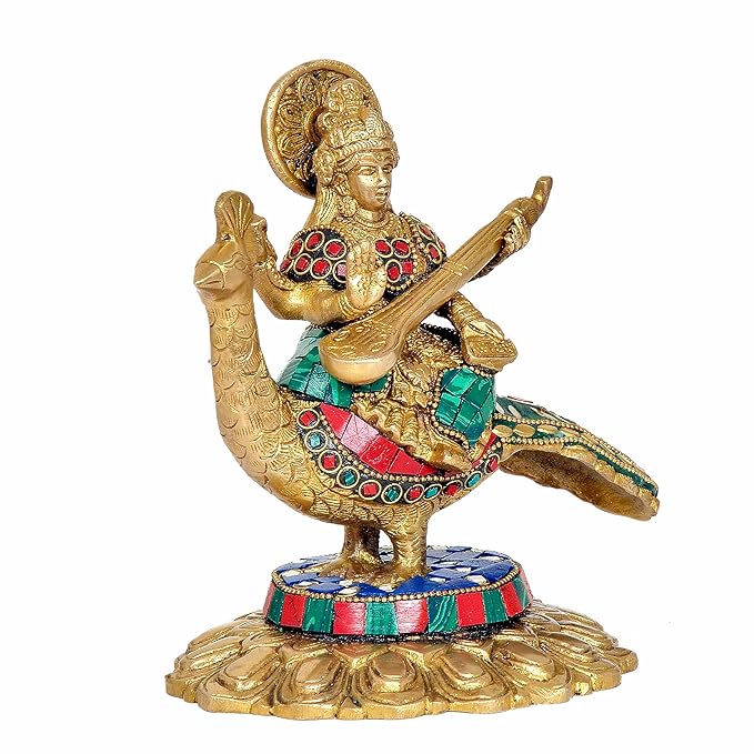 Brass Saraswati Statue Idol On Swan Playing Sitar for Home Decor | Height : 7 Inches (Multi Green)