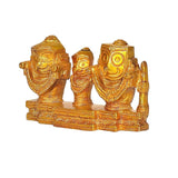 Brass Jagannath Balaram Subhadra statue, angled view of three seated figures