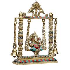 Brass Ganesha swing statue with chain links, ornate top, bells on posts