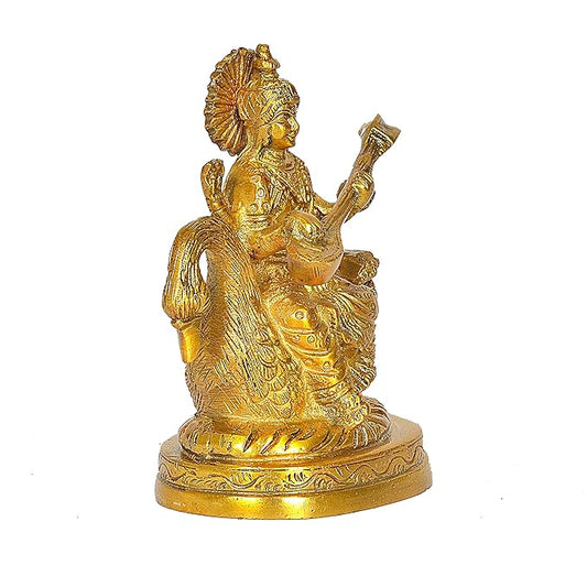 Brass Maa Saraswati Idol Figurine Goddess Saraswati Sculpture Decorative Showpiece Home Office Temple Gift Item Golden Height 5 Inches