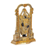 Brass Venkateshwara idol from side angle, arched pedestal with engraved details