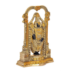 Brass Venkateshwara idol from side angle, arched pedestal with engraved details