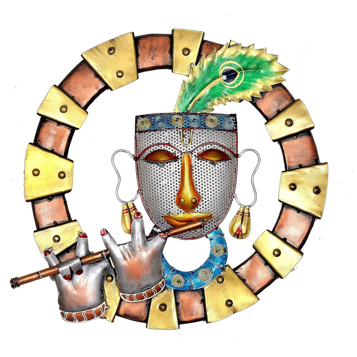 Krishna iron wall sculpture: colorful mask, peacock feather, playing flute in round frame