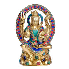 Brass Shiva statue with Ganesha on lap, colorful beaded halo and teal-blue attire