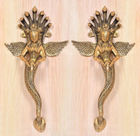 Pair of golden brass Naga Kanya door handles with crowned goddess faces and wings