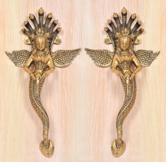 Pair of golden brass Naga Kanya door handles with crowned goddess faces and wings