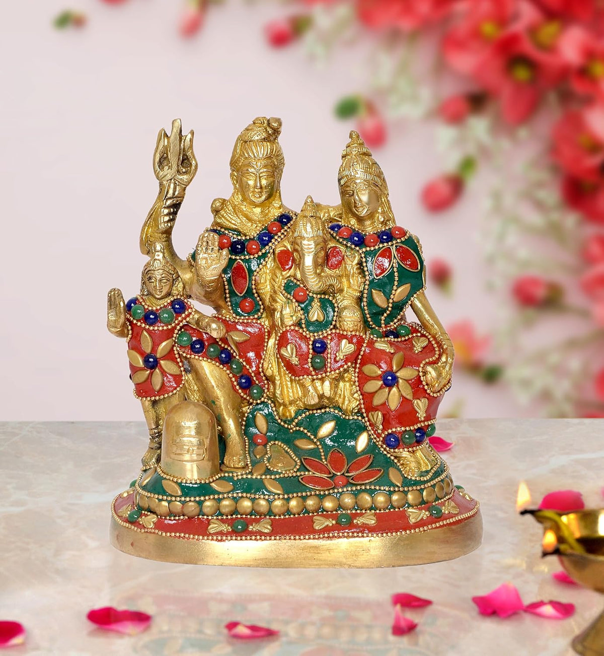Brass Shiv Parivar idol with colorful jeweled robes, central deity and attendants