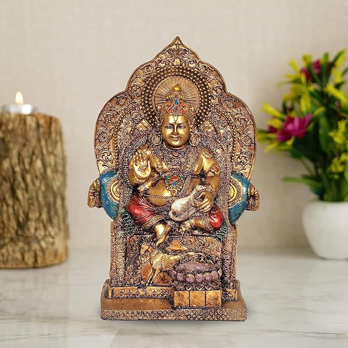 Lord Kubera Hindu God of Wealth Kuvera Kuber Kuberan Protector of The World Antique Bronze Finish Statue Murti Statue Idol for Diwali Pooja, Height 7 inch