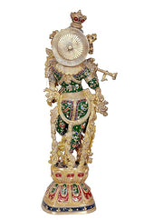 Brass Krishna murti rear view, wheel halo design and ornate painted patterns, 30 in