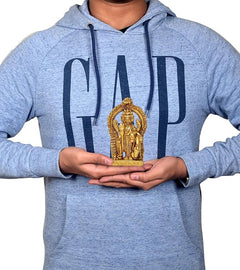 Brass Trimurti idol held in hands on chest, 3.3 in