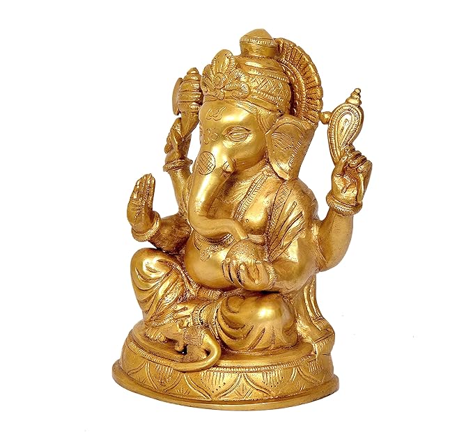 Brass Ganesha Idol On Base Giving Blessings Statue for Home Decor Temple | Height : 8 inches Craft Detail