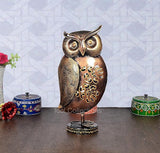 Iron owl home decor figurine, bronze finish, ornate filigree heart in chest