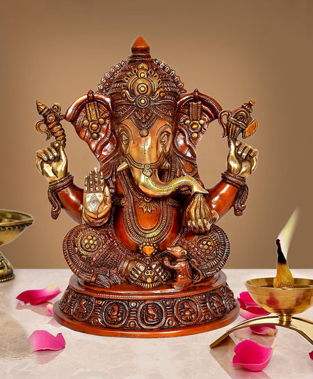 Brass Ganesha Statue Idol Statue Religious Statue Ganpati Bappa (Height:16 Inches)