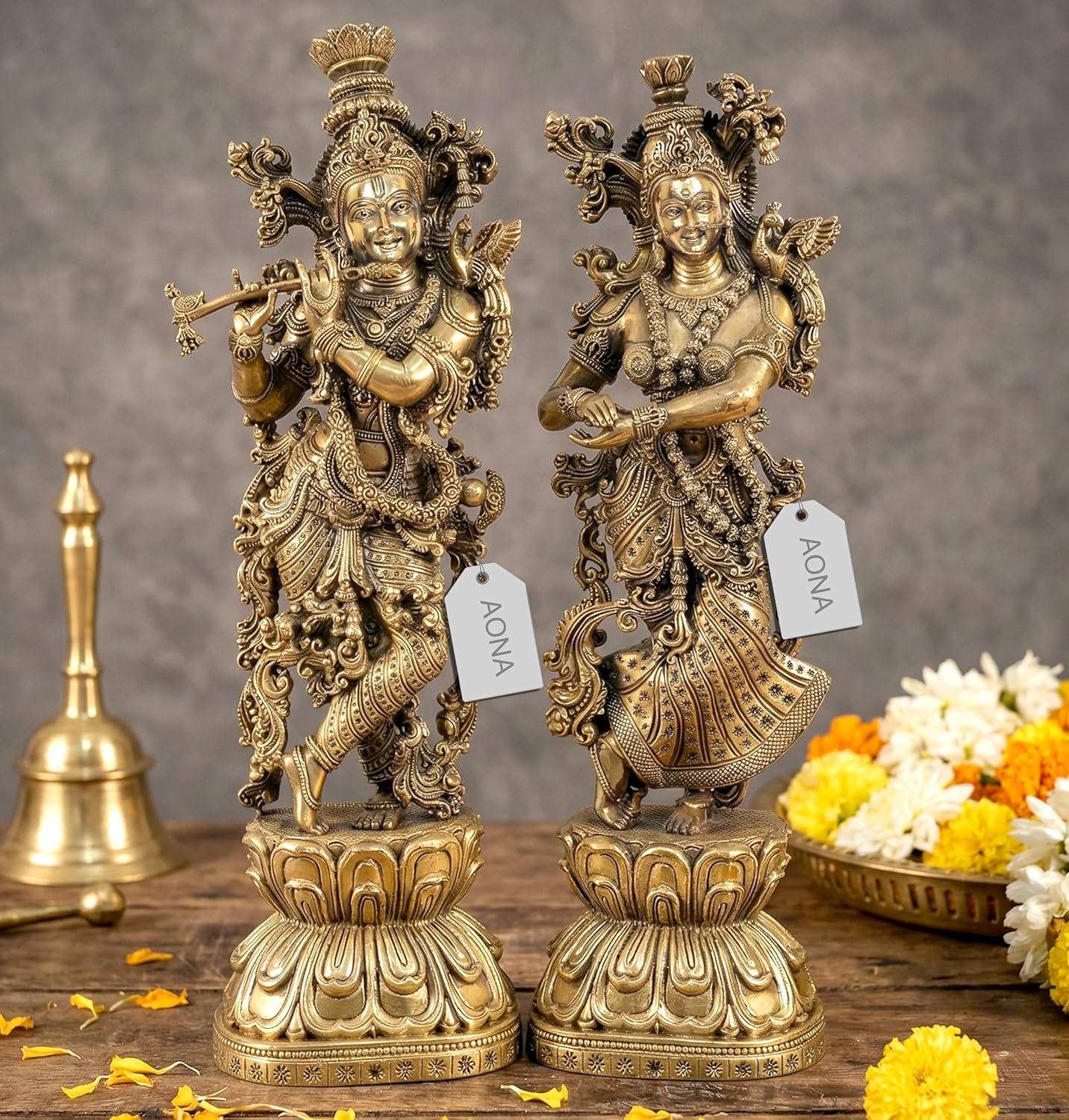 AONA Superfine Brass Radha Krishna Statue Playing Flute 