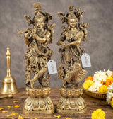 Brass Radha Krishna statue set, Krishna playing flute, ornate crown, 15 in height